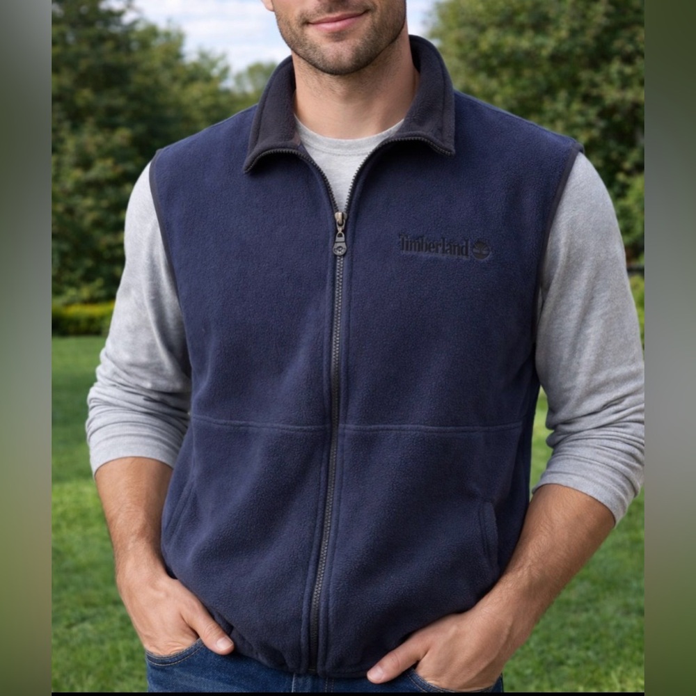 Vintage Timberland Fleece Vest Blue w/ Black Collar Full Zip Black Trim Mens XL